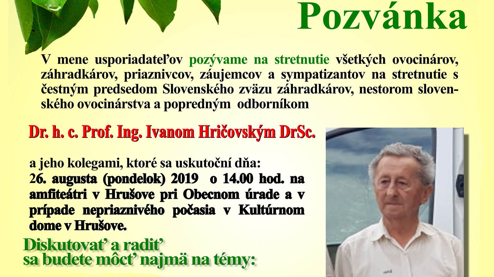 Pozvánka na stretnutie s prof. Ivanom Hričovským
